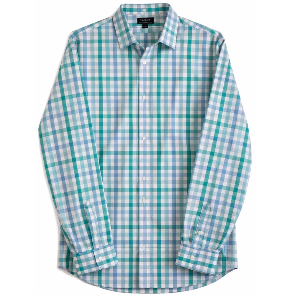 J.Crew Men's Slim Fit Shirt XL Blue Green Gingham Flex Wrinkle-Free Button Down‎